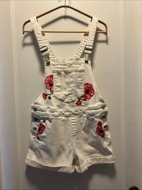 Old Navy Cream Short Overalls with Red Floral Embroidery